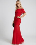 Noirline Maxi Dress in red, off-shoulder maxi dress, structured fit, ruched bodice, Lauven brand elegance.