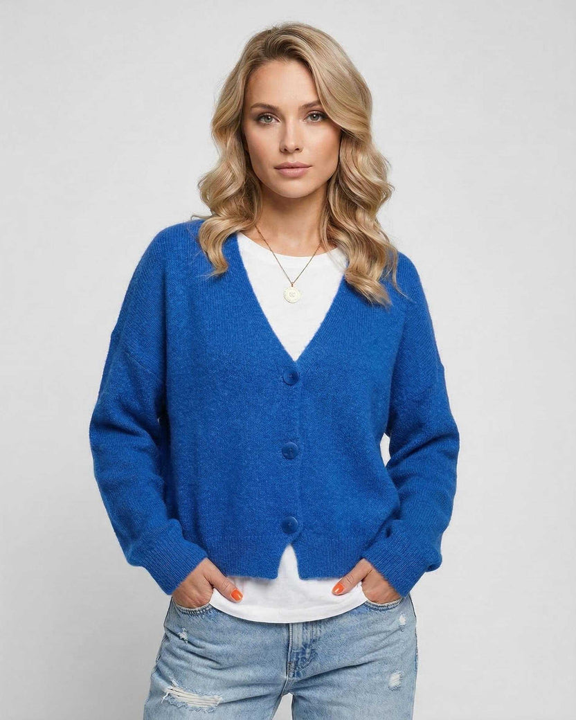Nova Cardigan by Lauven in vibrant blue, perfect for effortless style and cozy layering.