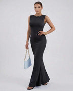Nova Maxi Dress by Lauven - Black Sleeveless Slim Fit Ankle-Length Pencil Dress showcasing textured fabric.