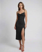 Nova Midi Dress with sleek cowl neck, side slit, by Lauven, perfect for elegant occasions.