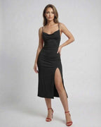 Nova Midi Dress with sleek cowl neck and side slit by Lauven, perfect for any elegant occasion.