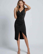 Lauven Nova Midi Dress in black satin with wrap design and front slit for evening elegance.