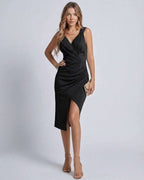 Lauven Nova Midi Dress - Classic black satin wrap dress with V neckline and front slit for evening elegance.
