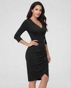 Nova Midi Dress by Lauven, elegant solid black V-neck sheath dress with three-quarter sleeves.