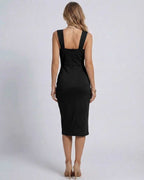 Lauven Nova Midi Dress back view showcasing elegant black satin wrap design with sleek fit and adjustable straps.