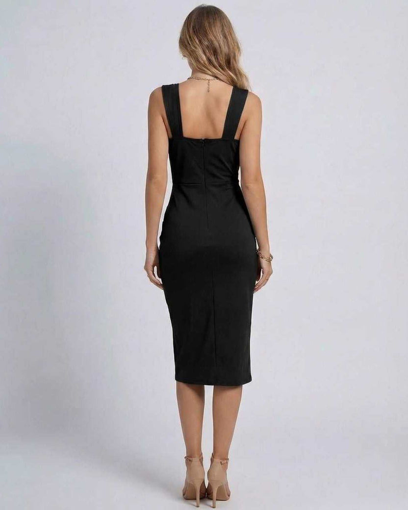 Lauven Nova Midi Dress back view showcasing elegant black satin wrap design with sleek fit and adjustable straps.