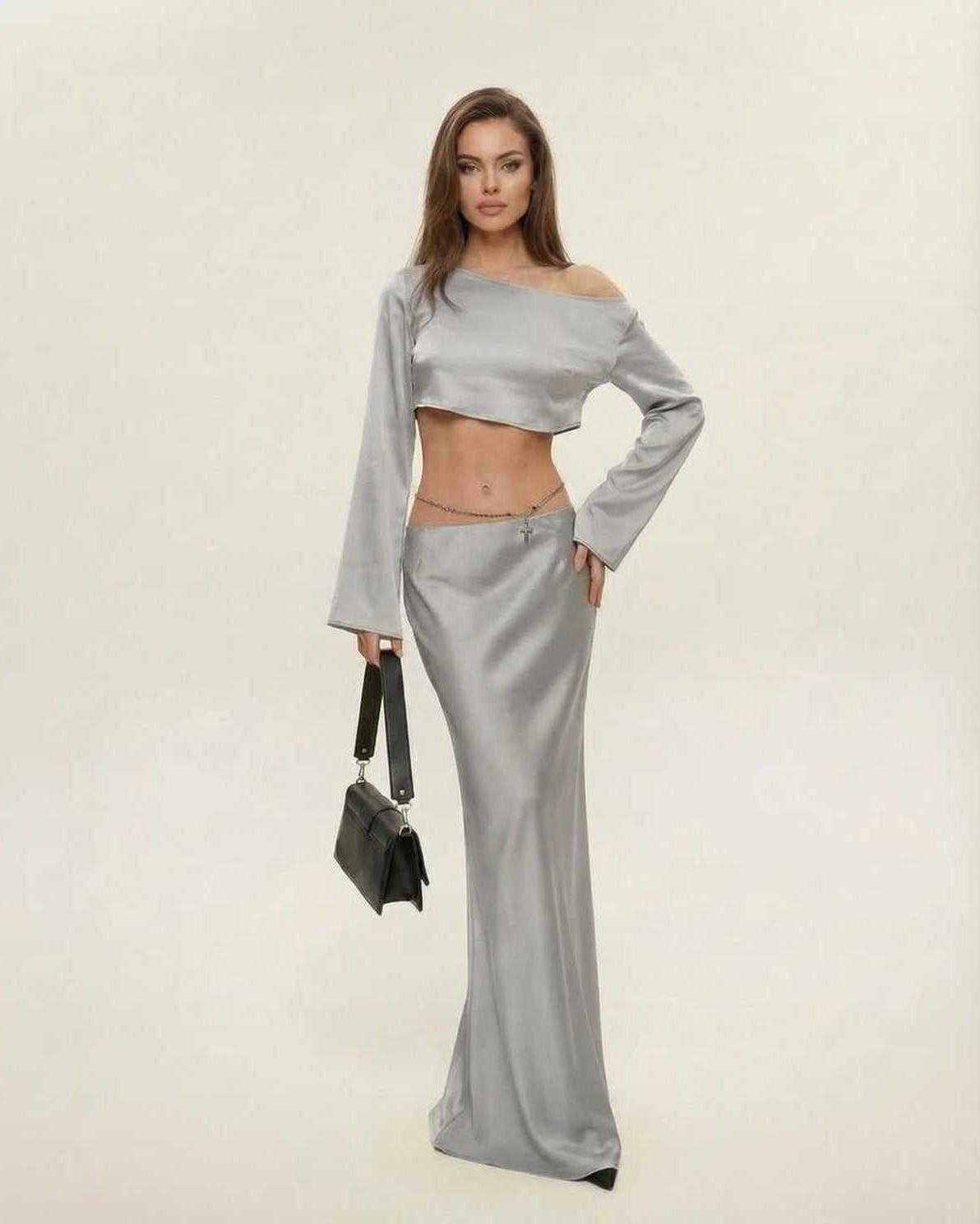 Nova Midi Dress by Lauven in sleek silver with asymmetrical design and chic flair.