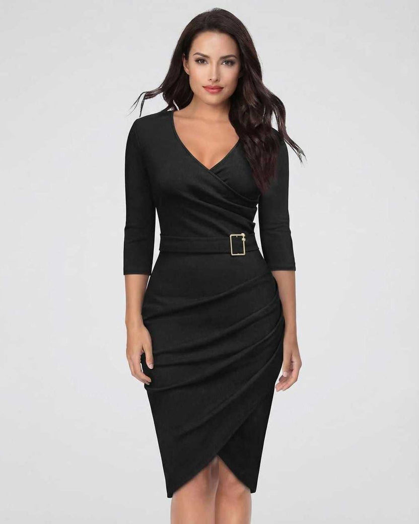Nova Midi Dress by Lauven - Elegant solid black V-neck sheath dress with three-quarter sleeves.