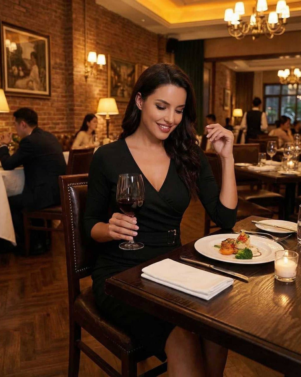 Elegant woman wearing the Nova Midi Dress by Lauven, dining in a restaurant with wine and gourmet food.