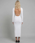 Nova Midi Dress by Lauven featuring an elegant cut-out back design, perfect for upscale occasions.