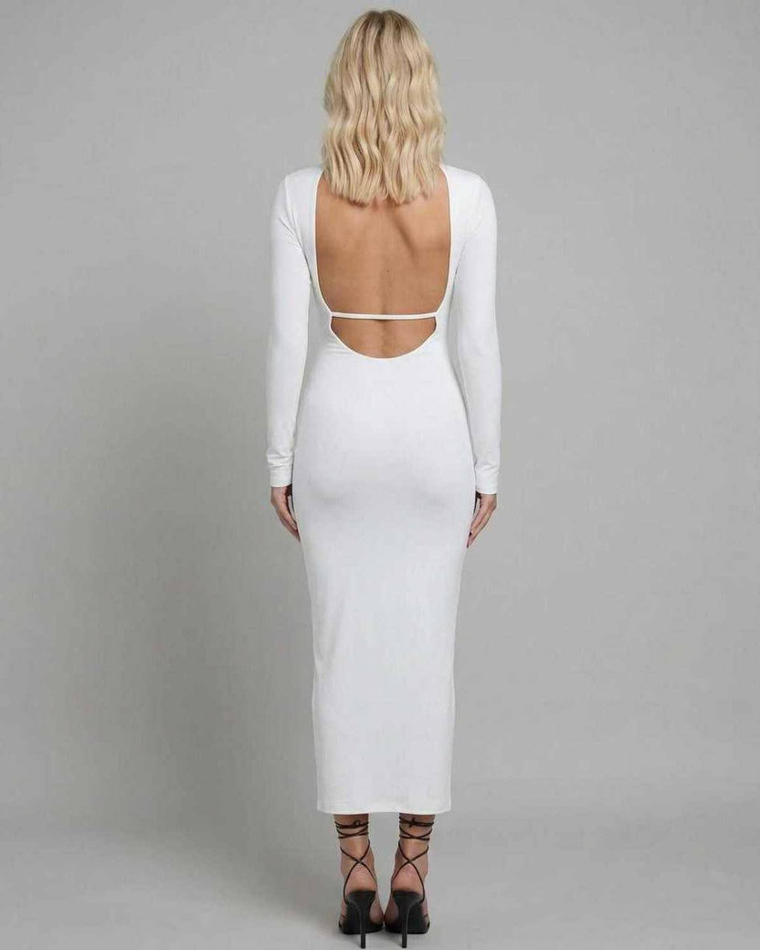 Nova Midi Dress by Lauven featuring an elegant cut-out back design, perfect for upscale occasions.