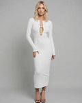 Nova Midi Dress by Lauven featuring elegant cut-out design and figure-hugging silhouette in white.