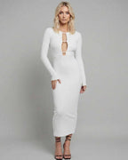 Nova Midi Dress by Lauven featuring elegant cut-out design and figure-hugging silhouette in white.