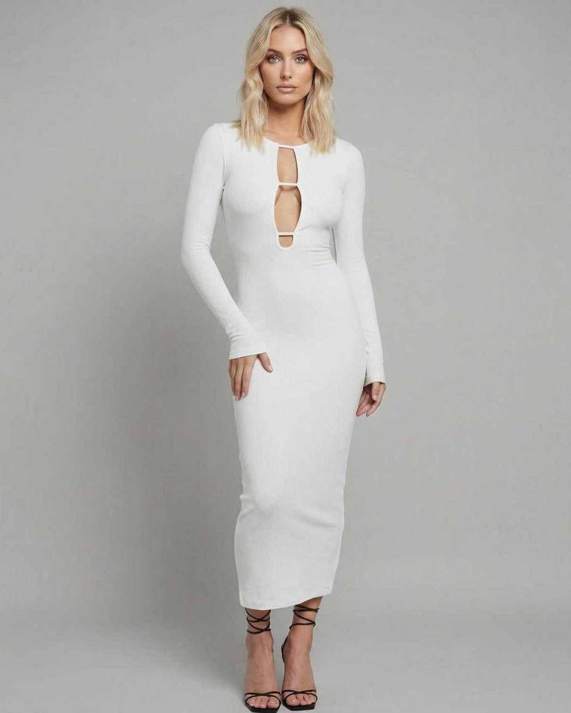 Nova Midi Dress by Lauven featuring elegant cut-out design and figure-hugging silhouette in white.