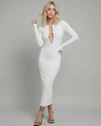 Elegant Lauven Nova Midi Dress with cut-out design showcased on a model.