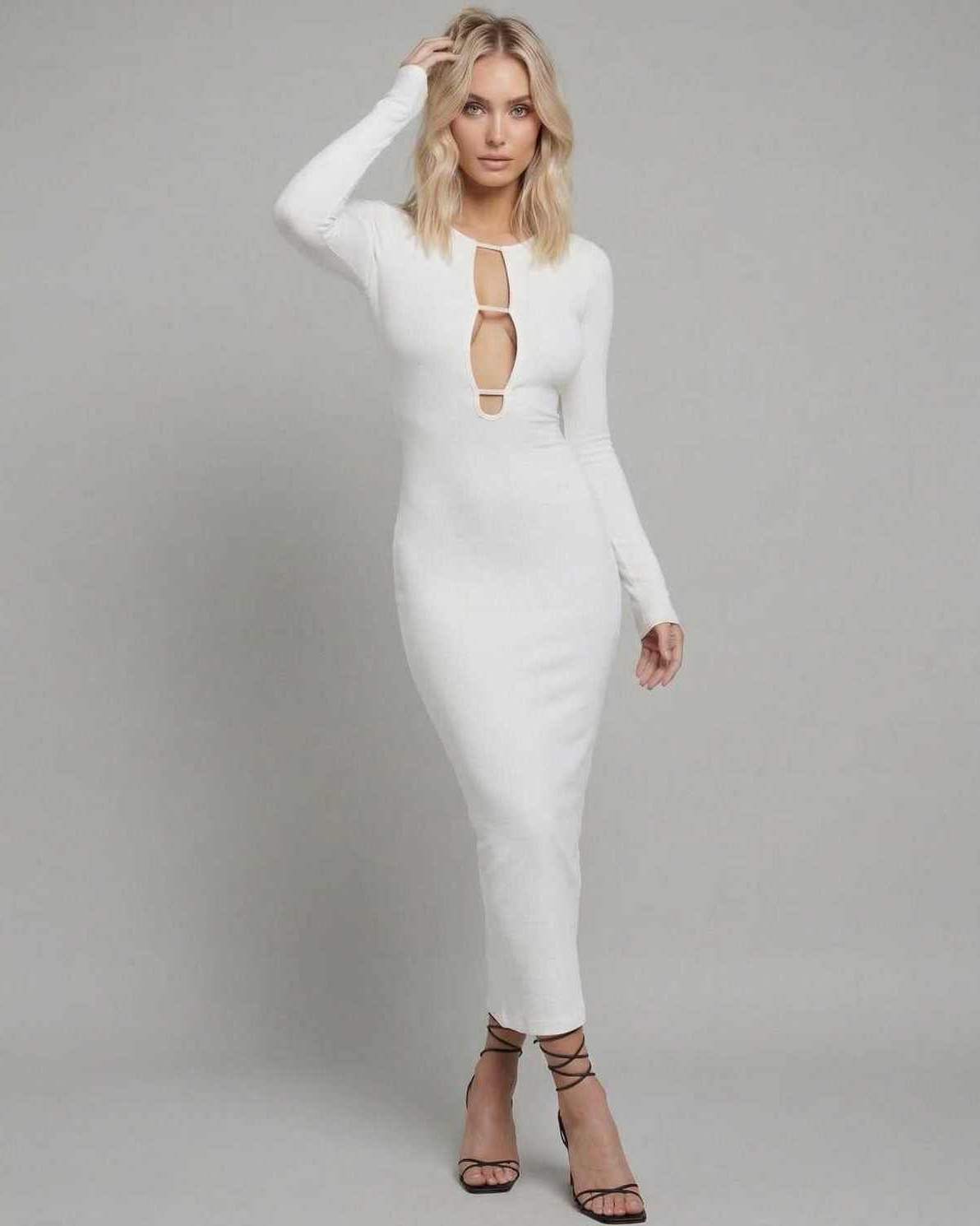 Lauven Nova Midi Dress with elegant cut-out design, showcasing a sleek silhouette and long sleeves.