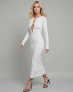 Nova Midi Dress by Lauven features an elegant cut-out design and figure-hugging fit for sophisticated style.