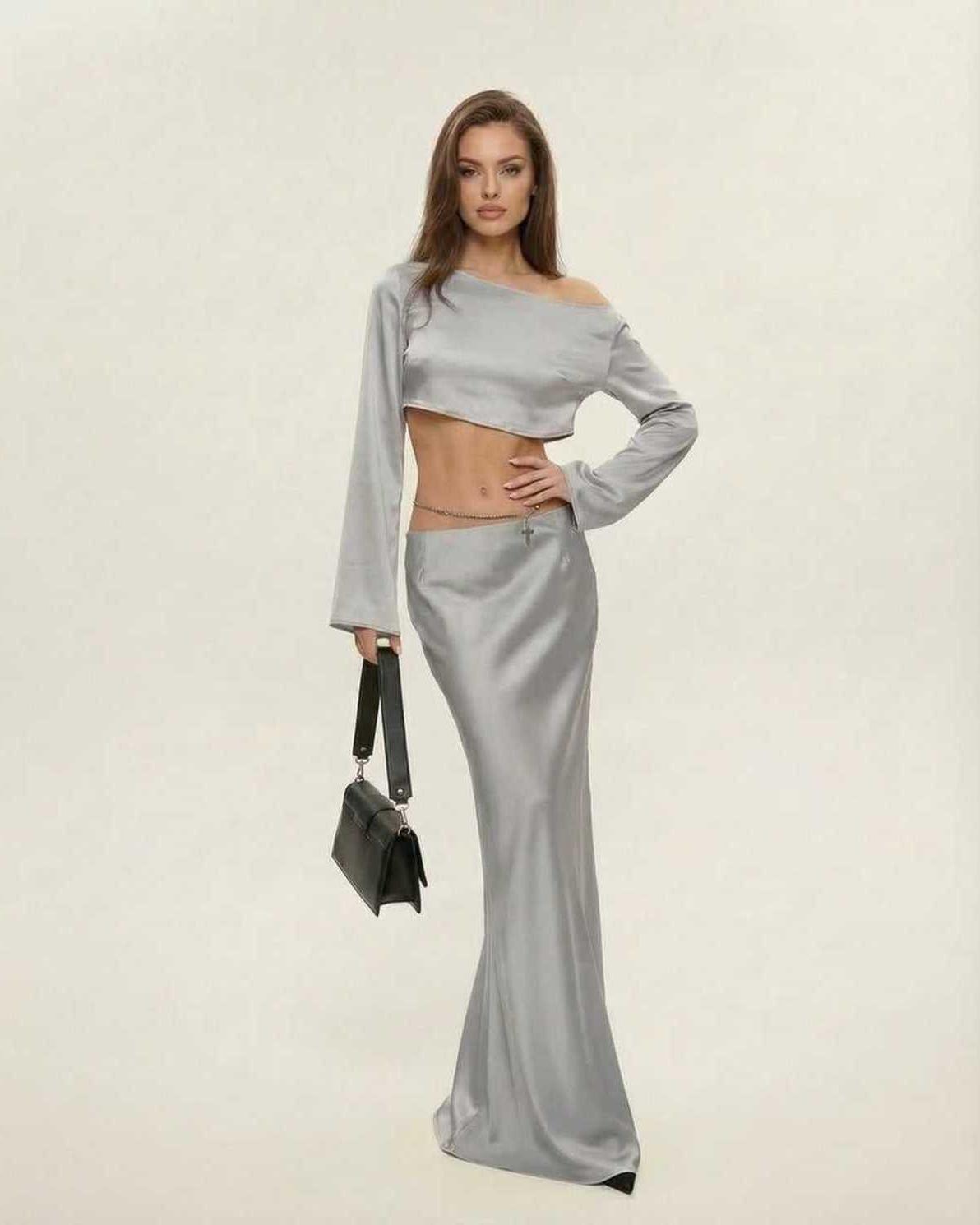 Nova Midi Dress by Lauven, featuring an elegant asymmetrical silhouette in sleek silver.