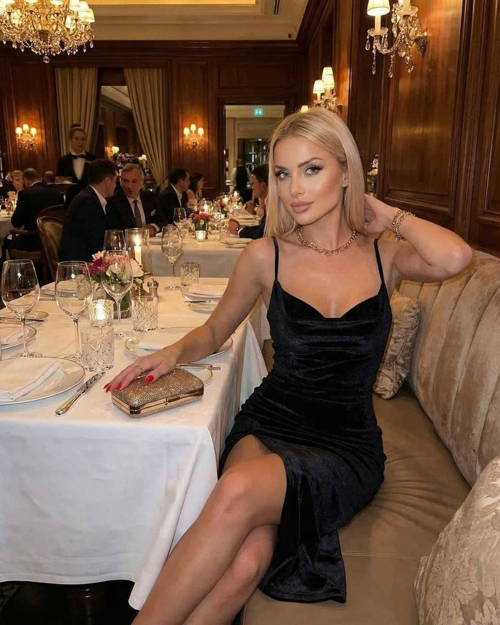 Woman wearing Nova Midi Dress by Lauven, elegant black velvet sheath with side slit, at a classy dining setting.