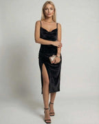 Nova Midi Dress by Lauven - Elegant black velvet sheath with side slit and flattering silhouette.