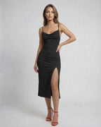 Nova Midi Dress with sleek cowl neck, side slit, and elegant silhouette by Lauven.