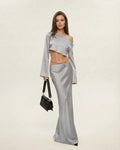 Nova Midi Dress by Lauven, featuring elegant asymmetrical design in sleek silver for modern style and comfort.