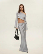 Nova Midi Dress by Lauven, featuring elegant asymmetrical design in sleek silver for modern style and comfort.