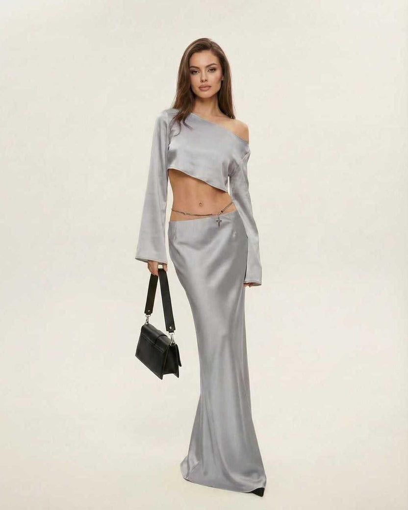 Nova Midi Dress by Lauven, featuring elegant asymmetrical design in sleek silver for modern style and comfort.