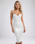 Nova Midi Dress by Lauven, elegant white party dress with V-neckline and spaghetti straps, stylish silhouette.