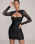 Nova Mini Dress by Lauven in Classic Black with Sheer Long Sleeves and Ruched Detailing