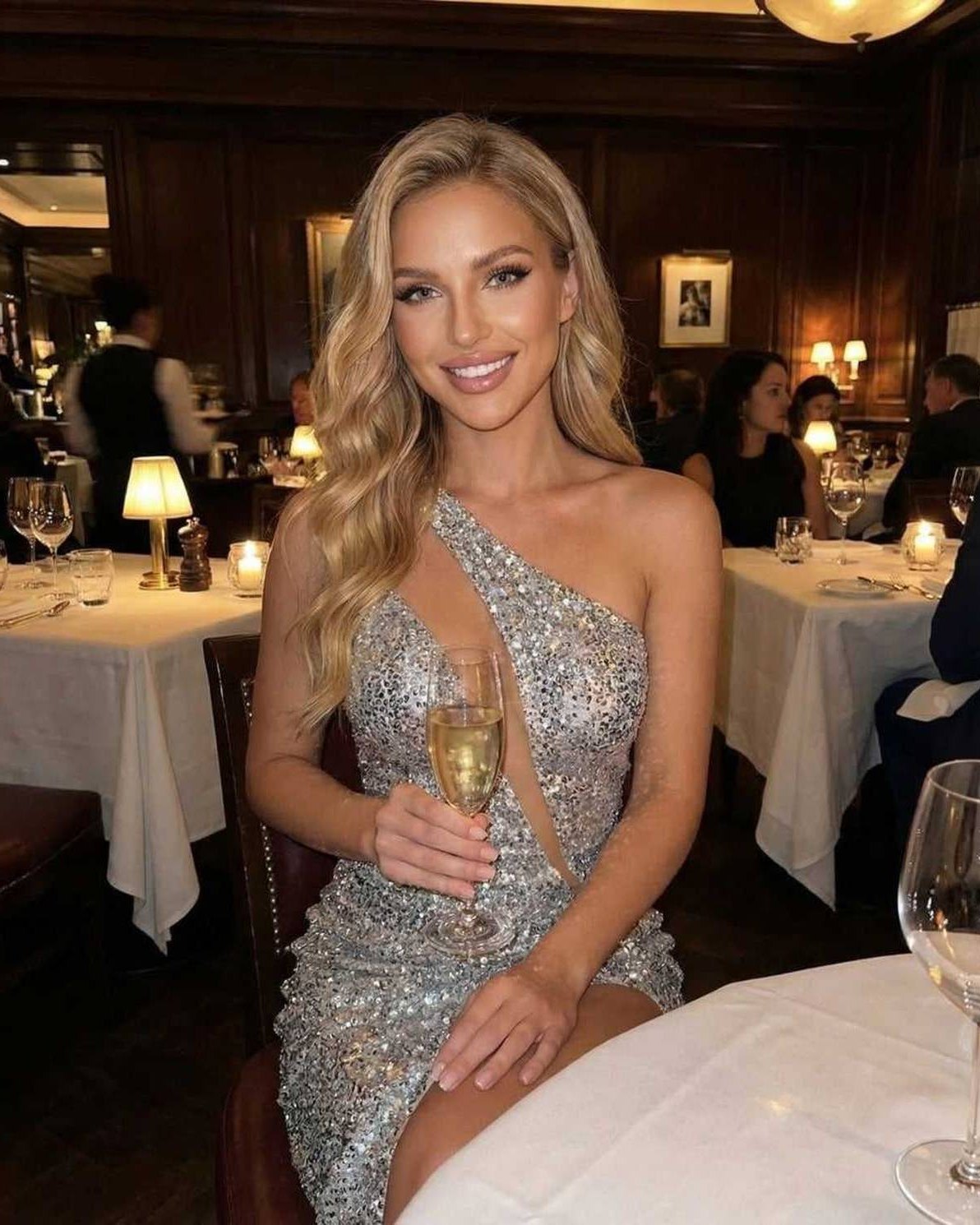 Nova Mini Dress by Lauven worn by a woman in a restaurant, showcasing silver sequins and a stylish one-shoulder design.