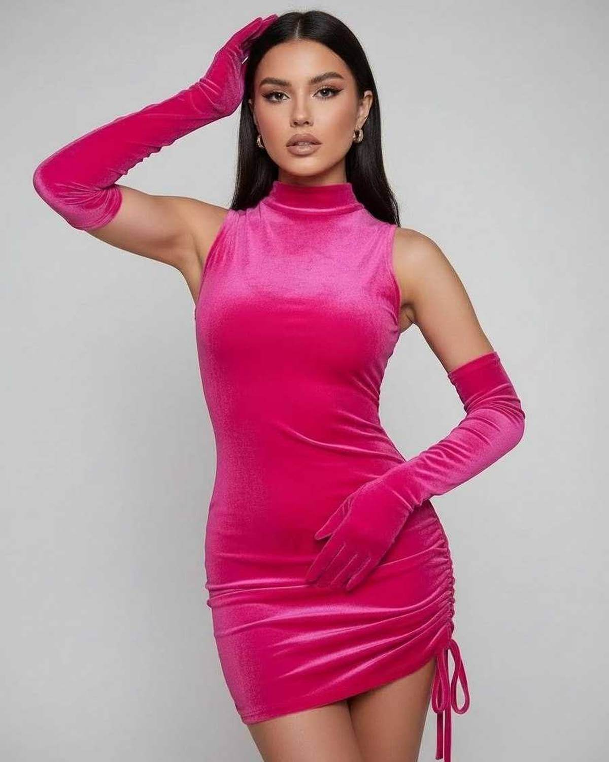 Nova Mini Dress in vibrant pink velvet by Lauven, featuring a sleek silhouette and long velvet gloves.