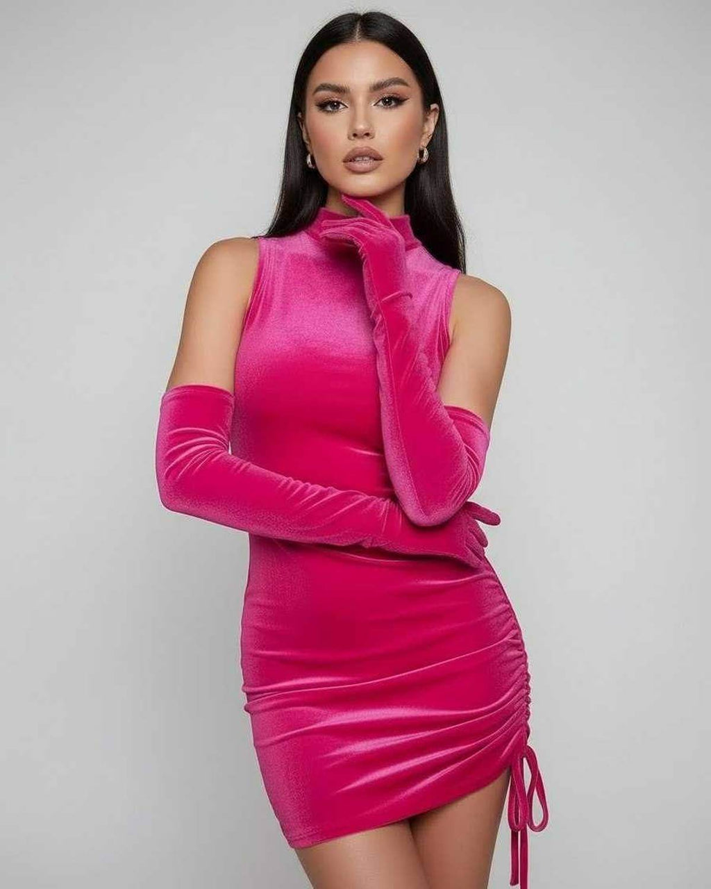 Nova Mini Dress by Lauven in vibrant pink velvet with ruched side and long gloves, perfect for a refined fashion statement.