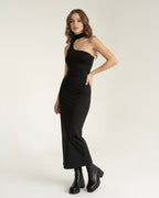 Nyra Midi Dress - Black bodycon silhouette with a halter neck, perfect for elegant evening occasions by Lauven.