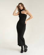 Nyra Midi Dress featuring a sleek bodycon silhouette and halter neck design by Lauven, perfect for evening styling.