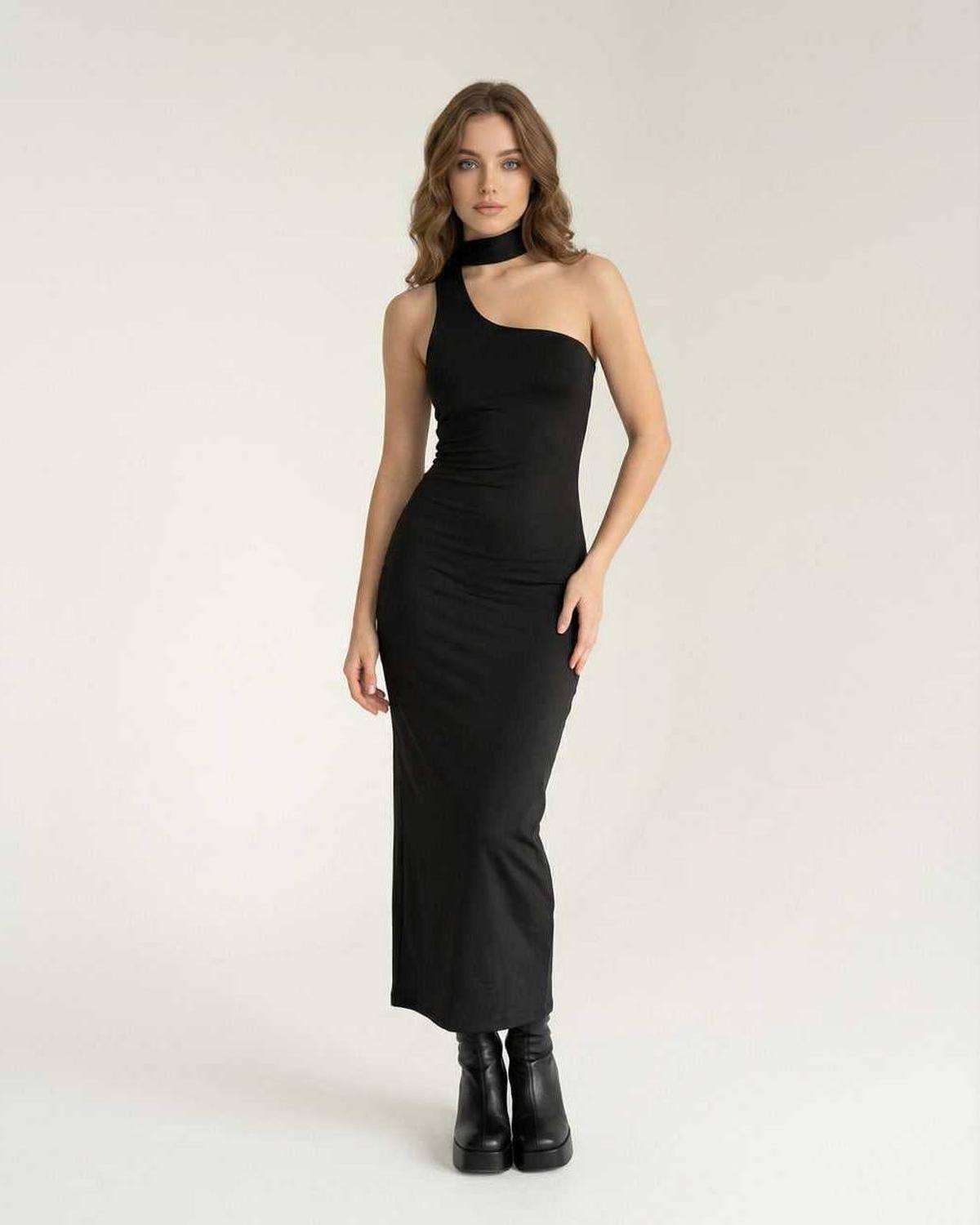 Nyra Midi Dress - Black bodycon halter neck dress by Lauven, perfect for evening wear and after-dark styling.