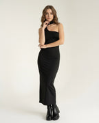 Nyra Midi Dress - Black bodycon dress with halter neck design, sleek silhouette by Lauven, perfect for evening wear.