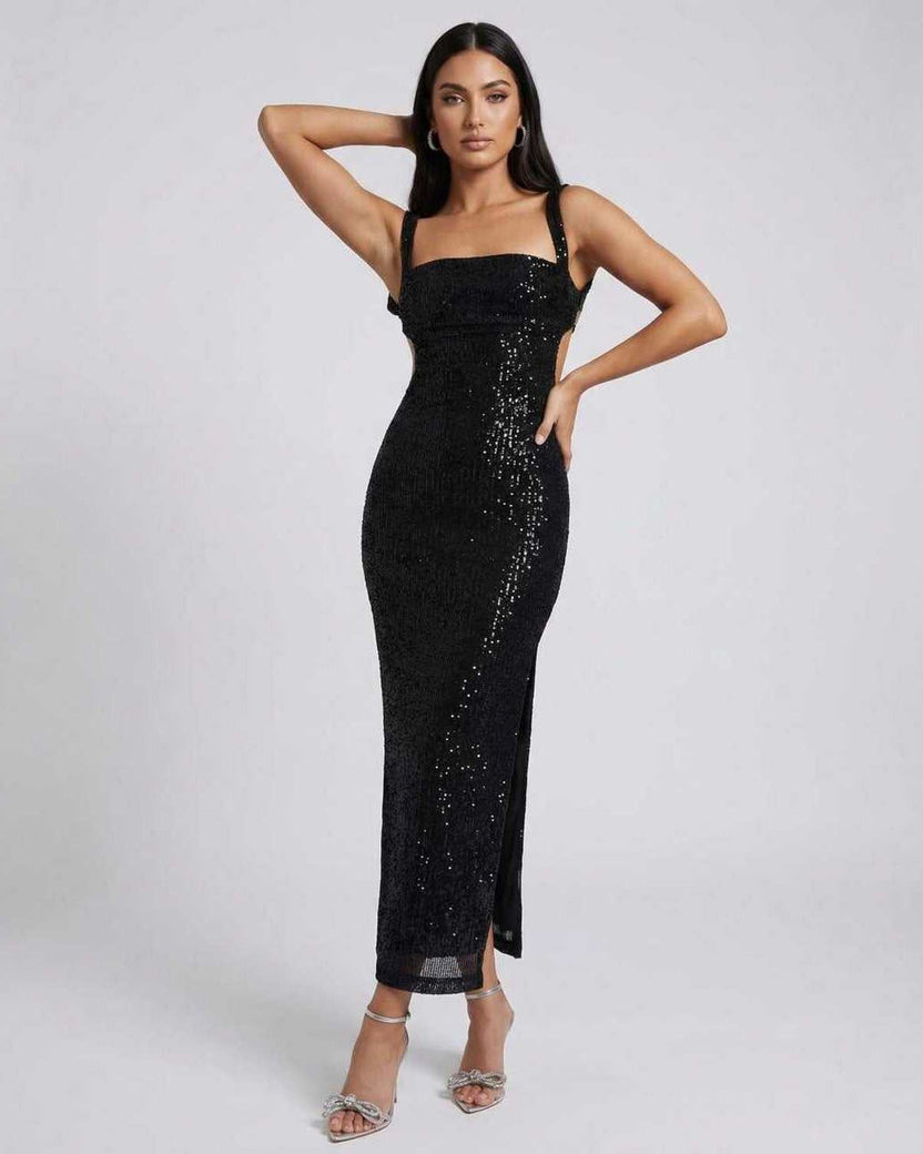 Lauven Nyra Midi Dress featuring sequined elegance and backless design, perfect for special events.