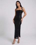 Lauven Nyra Midi Dress featuring sequined elegance, backless design, and a stunning silhouette perfect for special events.