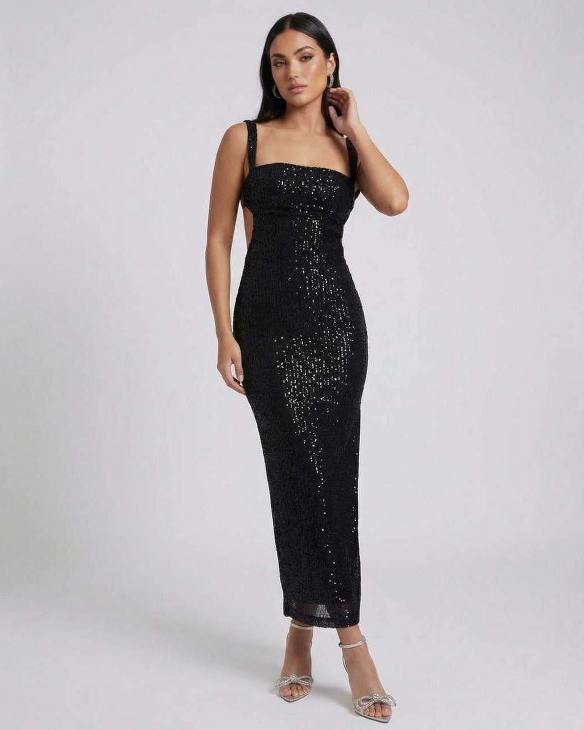 Nyra Midi Dress by Lauven featuring sequined elegance, backless design, and square neckline.