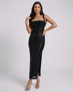 Lauven Nyra Midi Dress, sequined elegance with backless design, perfect for special events.