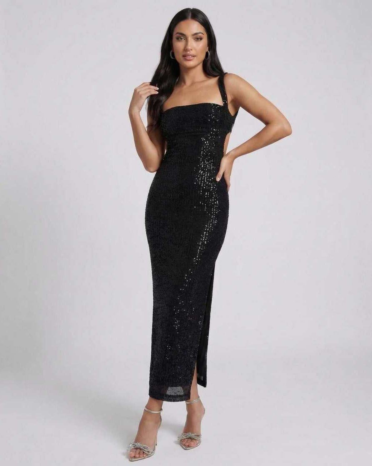 Lauven Nyra Midi Dress, sequined elegance with backless design, perfect for special events.