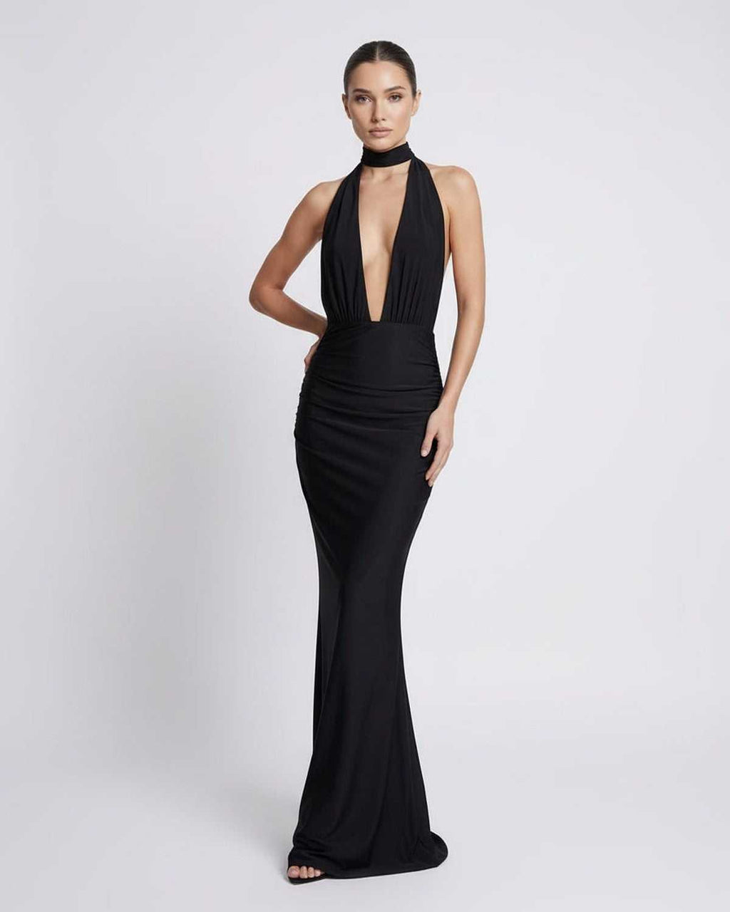 Nyx Maxi Dress - Black halter maxi dress with deep plunge and open back by Lauven, perfect for formal occasions.