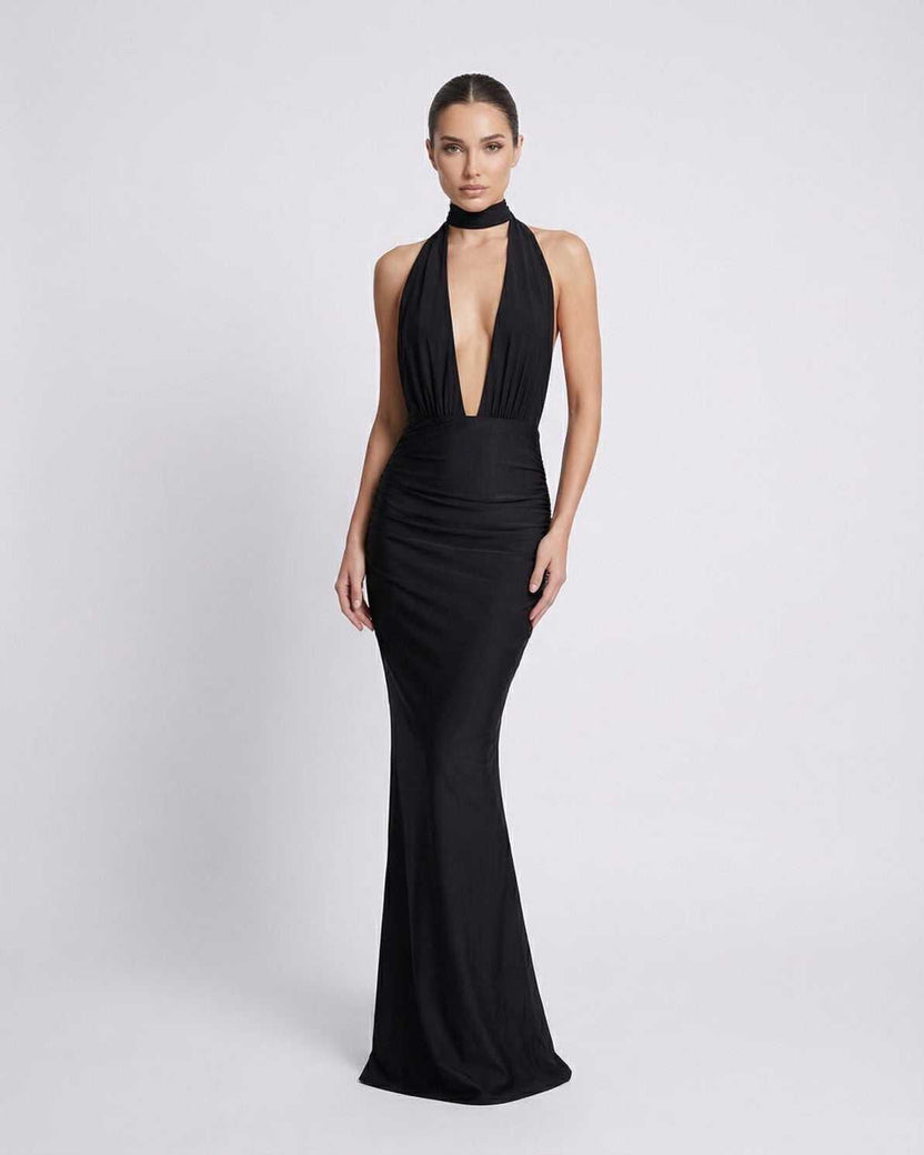 Nyx Maxi Dress - Black halter maxi dress with deep plunge and open back by Lauven.