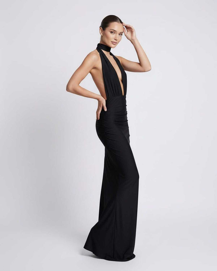 Nyx Maxi Dress - Black Halter Maxi Dress with Deep Plunge and Open Back by Lauven, offering sleek elegance and style.