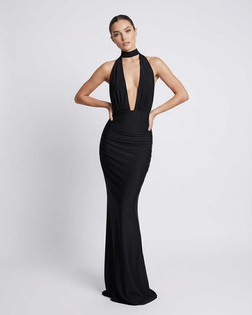 Nyx Maxi Dress featuring a black halter design, deep plunge, and open back, crafted by Lauven for modern elegance.