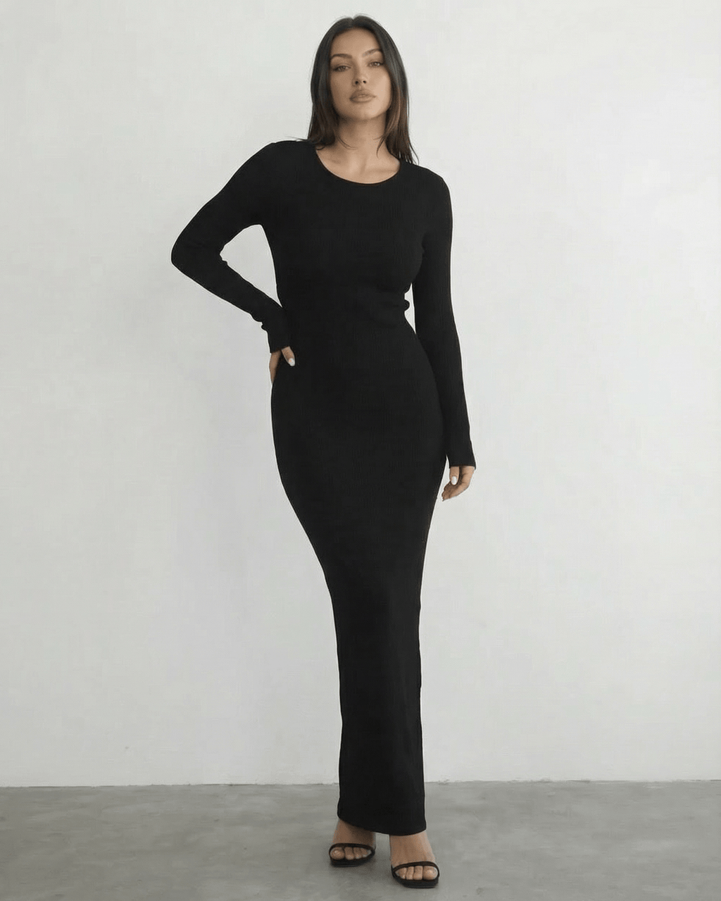 Nyx Maxi Dress by Lauven - Long sleeve black dress featuring a sleek pencil silhouette and open back detail.