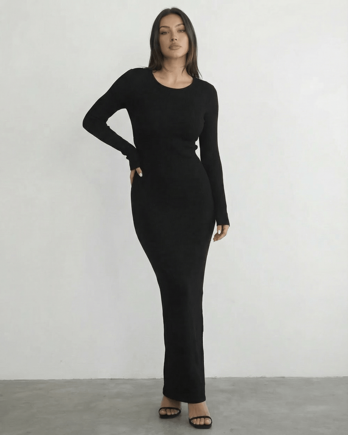 Nyx Maxi Dress by Lauven - Long sleeve black dress featuring a sleek pencil silhouette and open back detail.