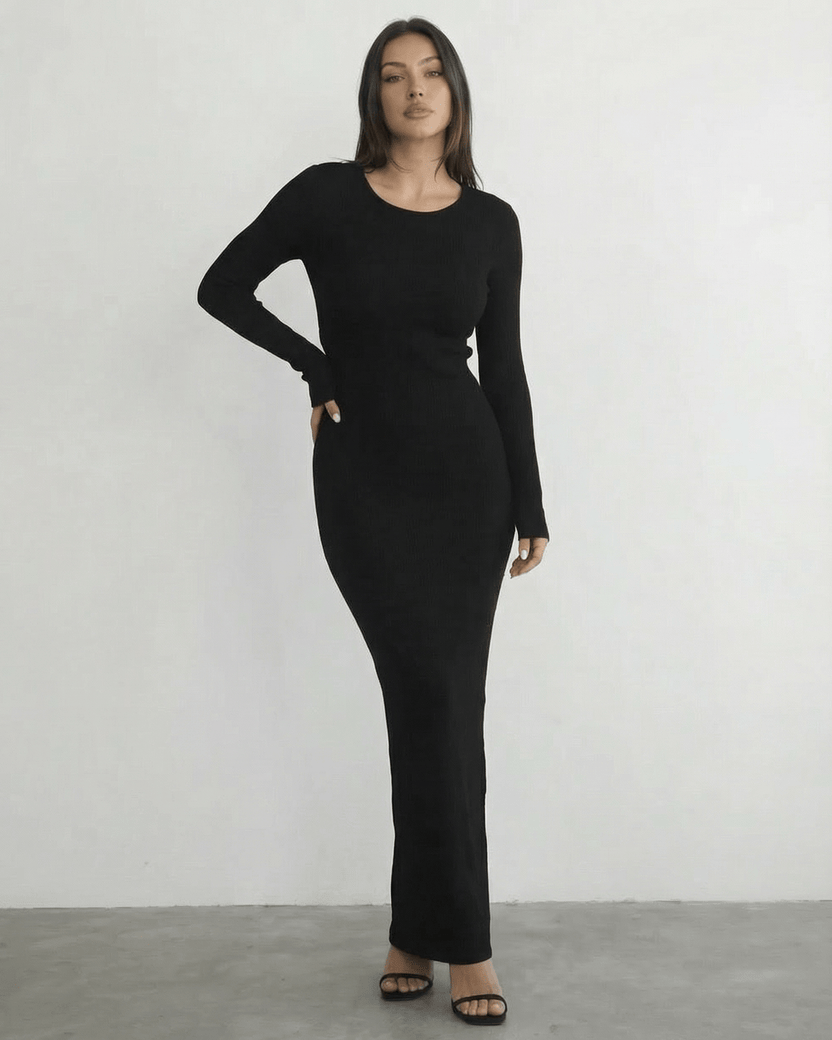 Nyx Maxi Dress by Lauven - Long sleeve black dress featuring a sleek pencil silhouette and open back detail.