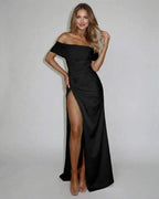 Nyx Maxi Dress by Lauven, off shoulder A-line design with high slit, elegant evening wear, black smooth fabric.